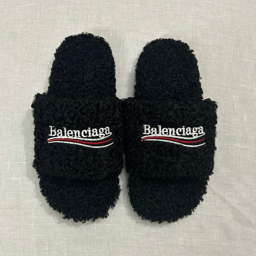 Balenciaga Women’s Black Fuzzy Slippers